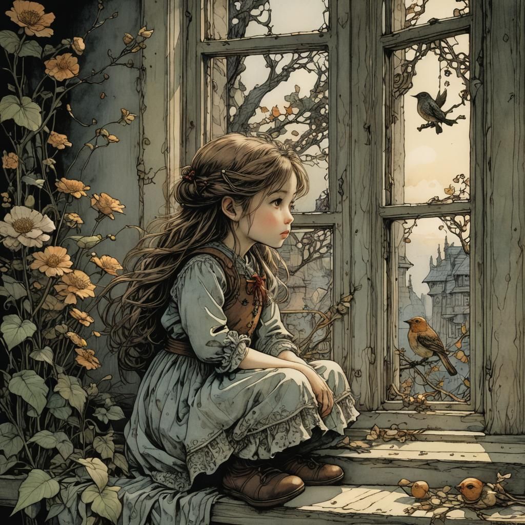 Girl, Bird, and Window: Intricate Fantasy Illustration