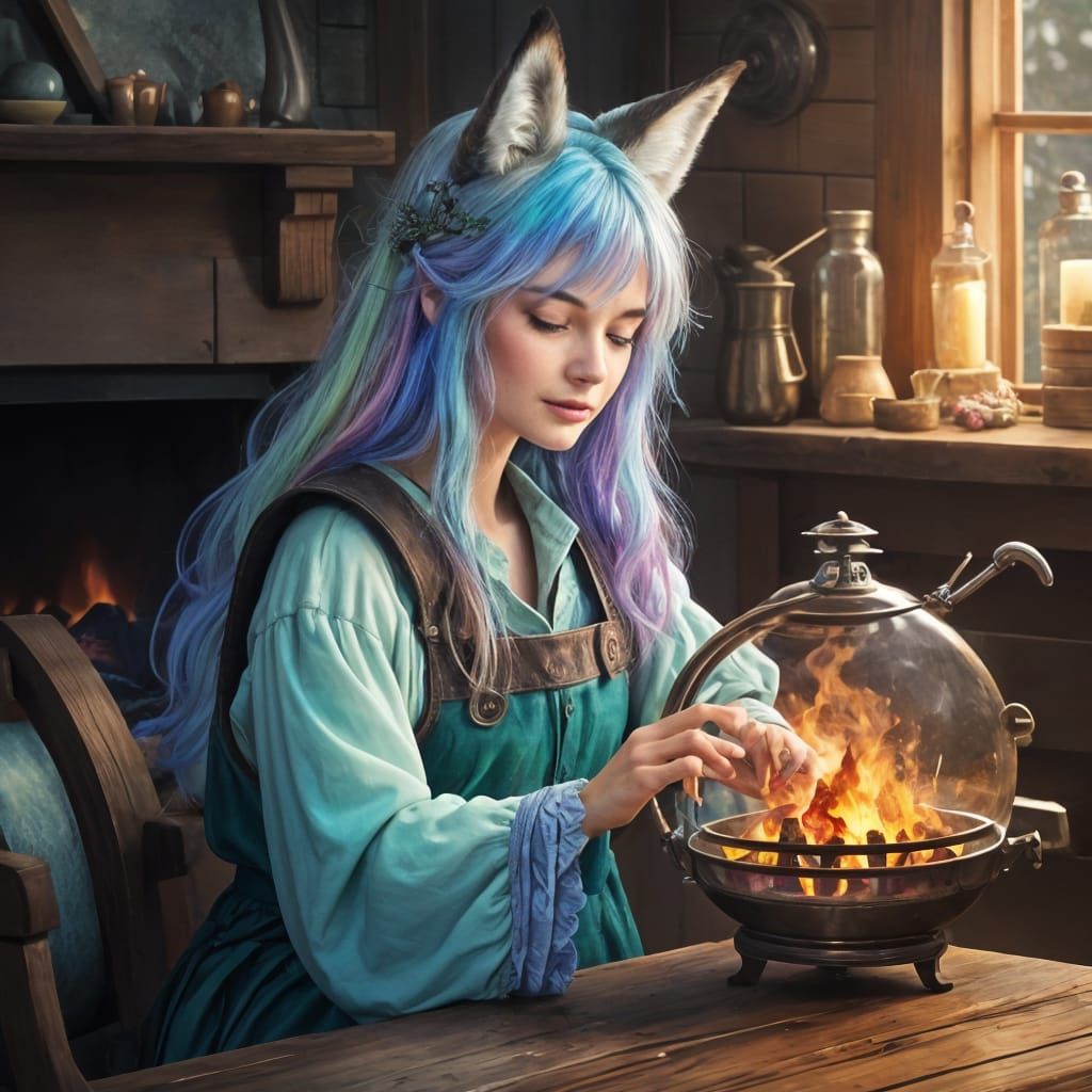 Whimsical Fox Maiden in Rustic Alchemist's Paradise