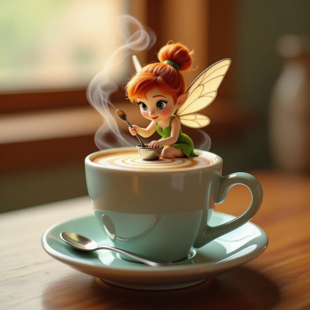 Pixie Stirring Espresso in Whimsical Style