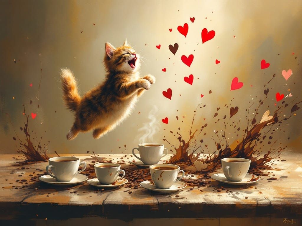 Caffeinated Feline Chaos in Vibrant Dreamscapes