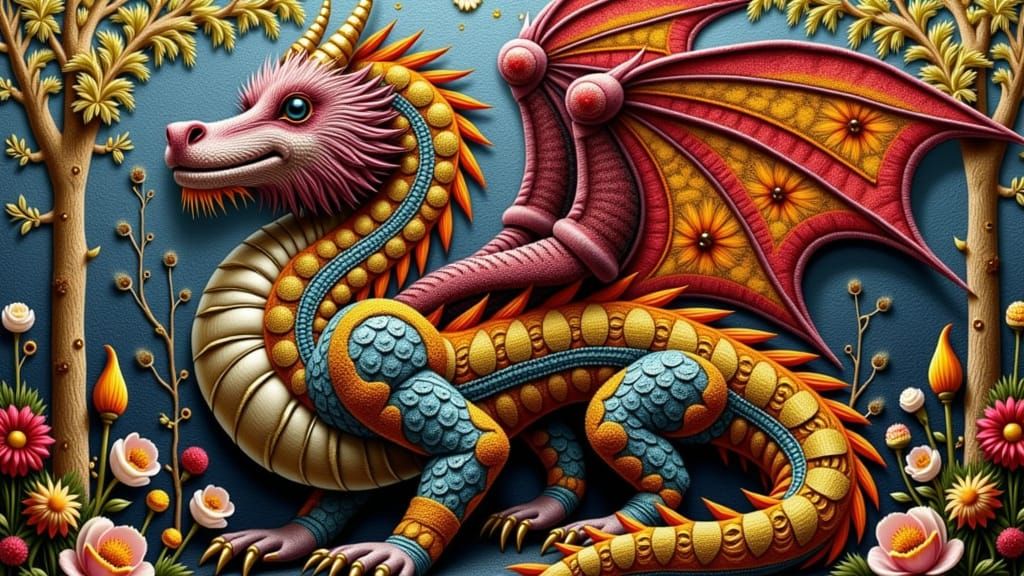 Surreal Baroque Gothic Fantasy Dragon in Opulent Textile Lan...