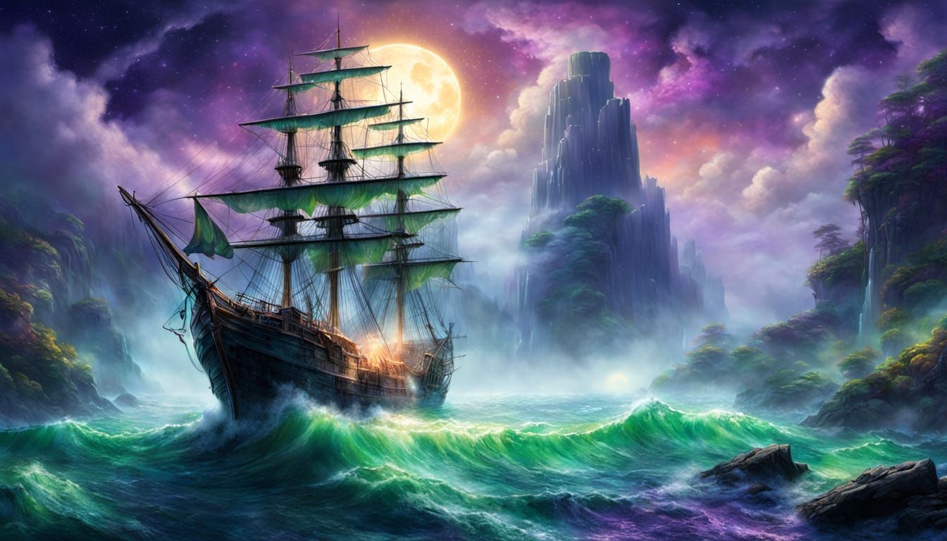 Sailing Ship in Fissure: Ethereal Fantasy Art