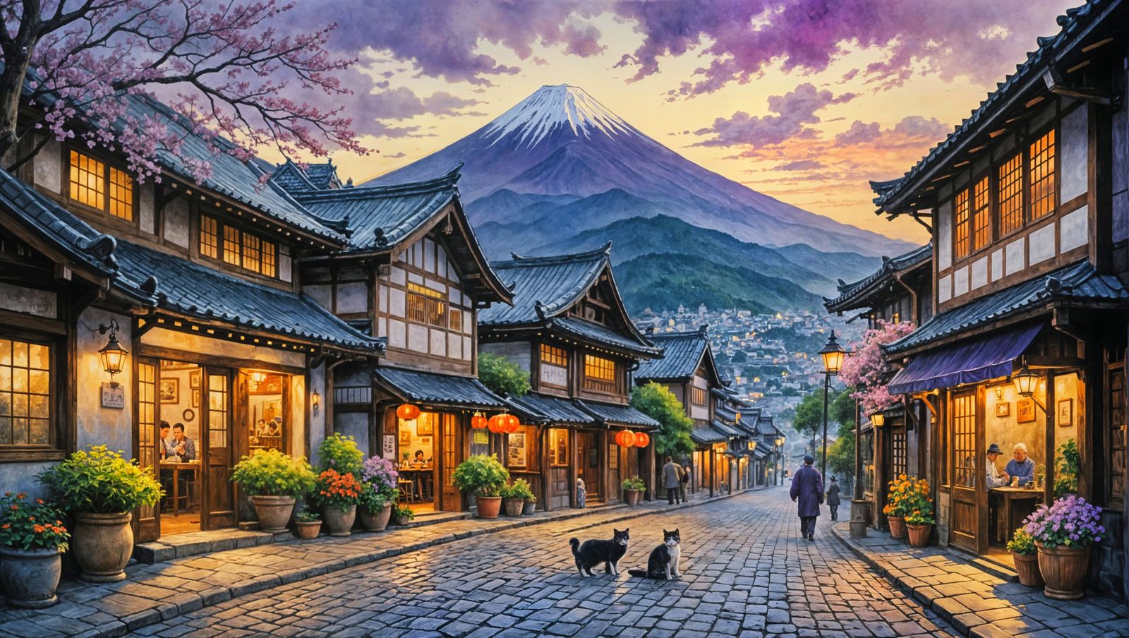 Charming Japanese Street Scene in Watercolor Style