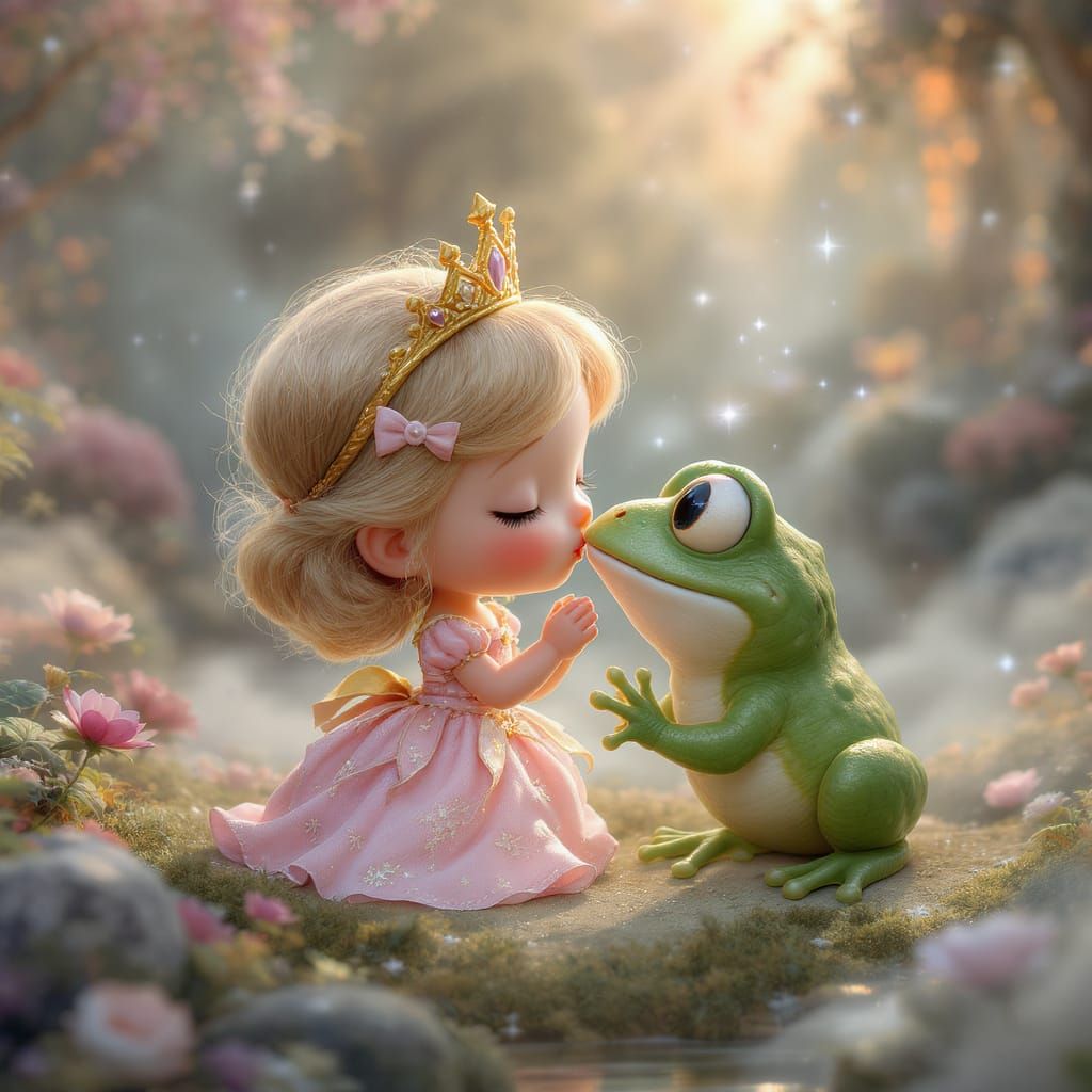Princess Kisses Frog in Dreamy 3D Landscape