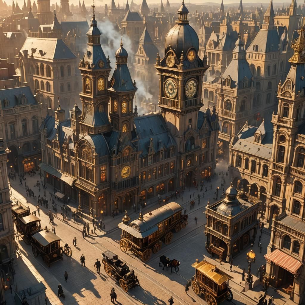 Steampunk Cityscape with Aristocrats in Golden Light