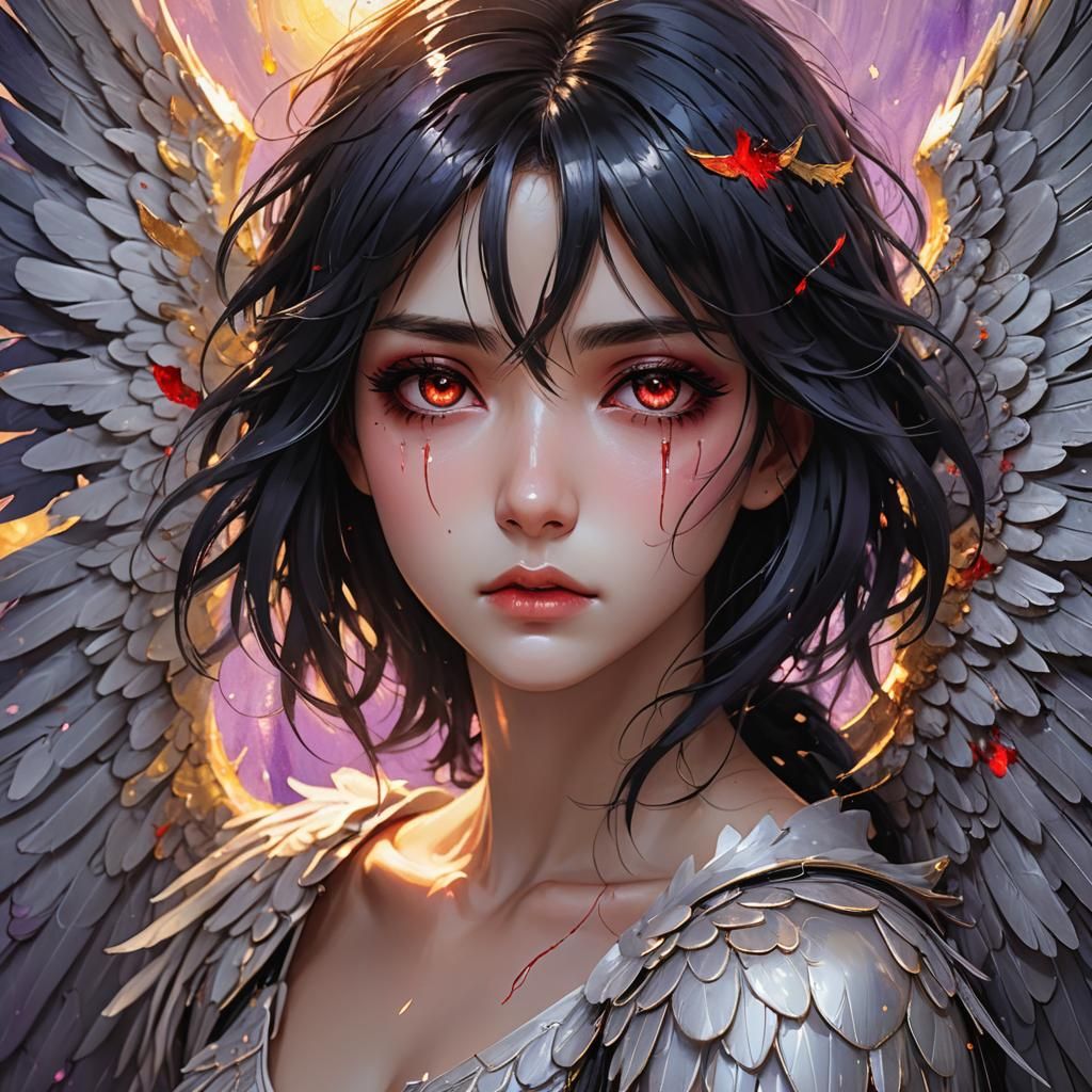 Lonely Anime Angel with Scarlet Eyes, Digital Art