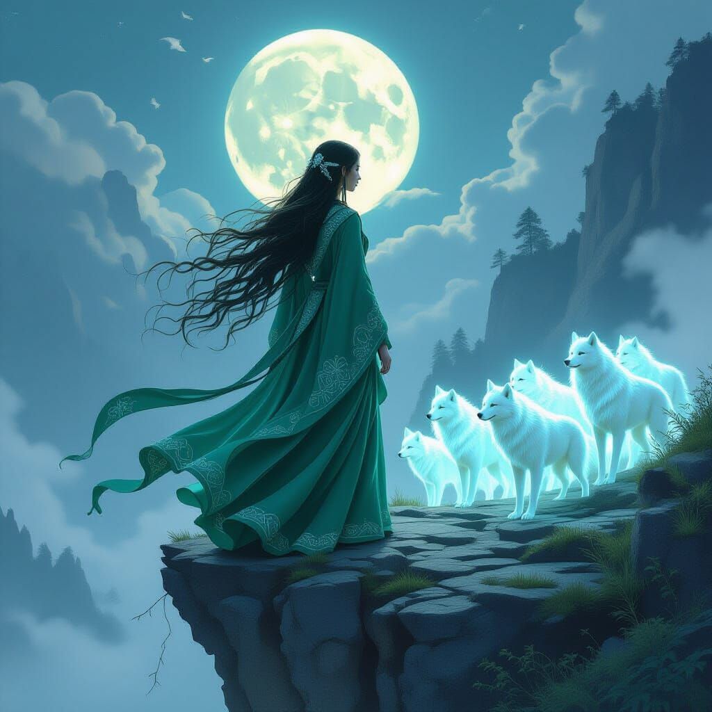 Ethereal Forest Spirit with Wolves in Moonlight