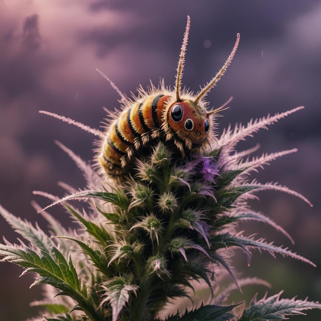 Macro Photograph of Hairy Caterpillar on Cannabis Flower