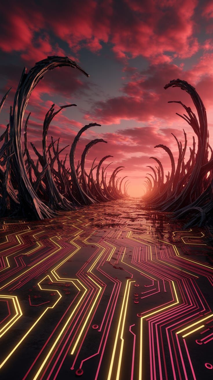 Surreal Landscape of Twisted Metal and Neon Ruins in a Crims...