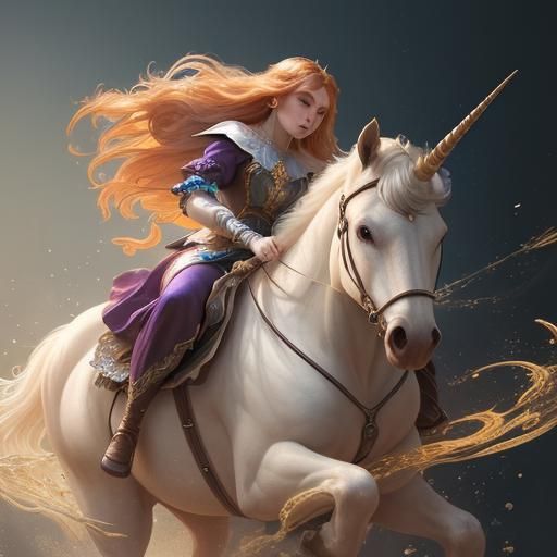 Medieval girl riding a unicorn