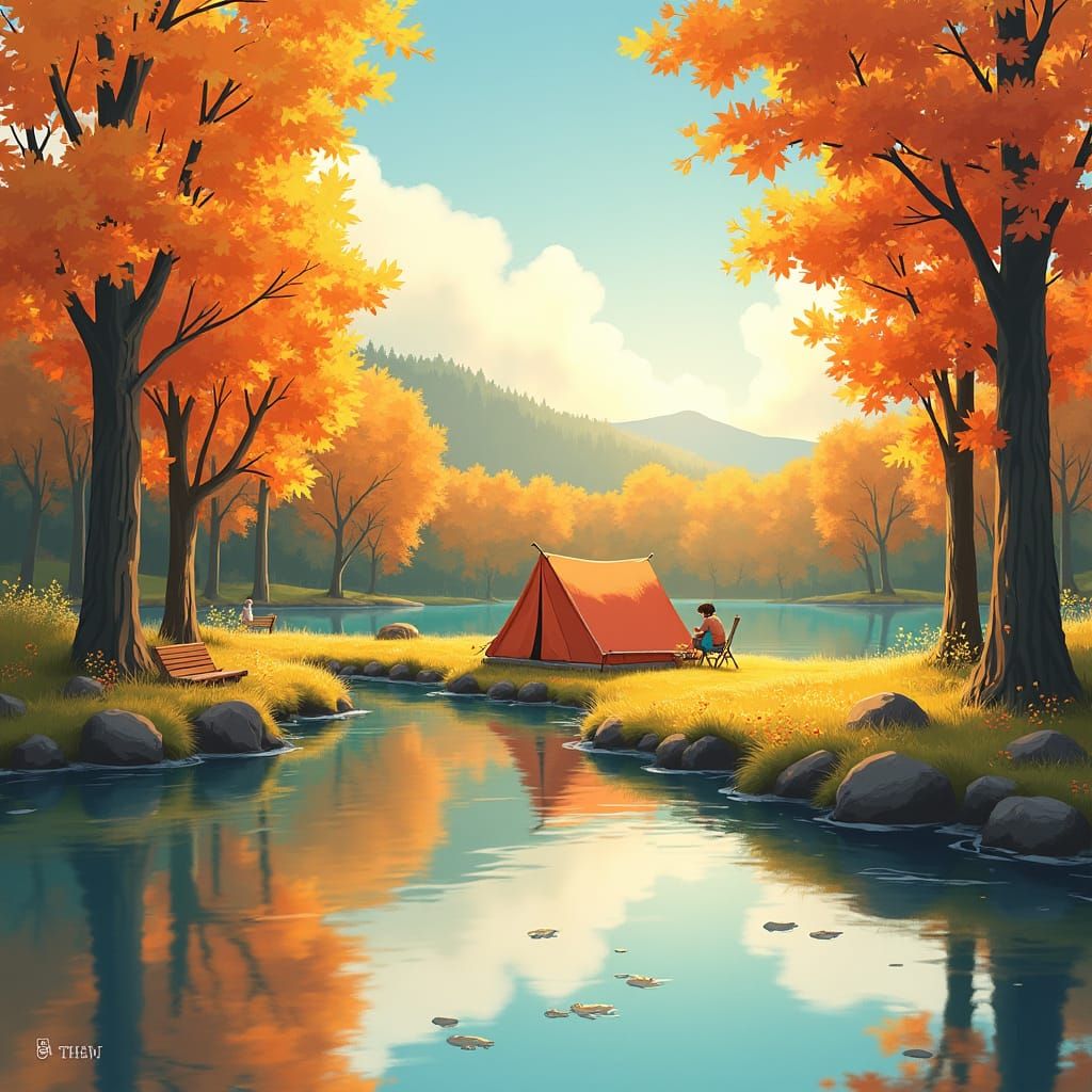 Cozy Anime Camping Scene in Autumn Watercolor
