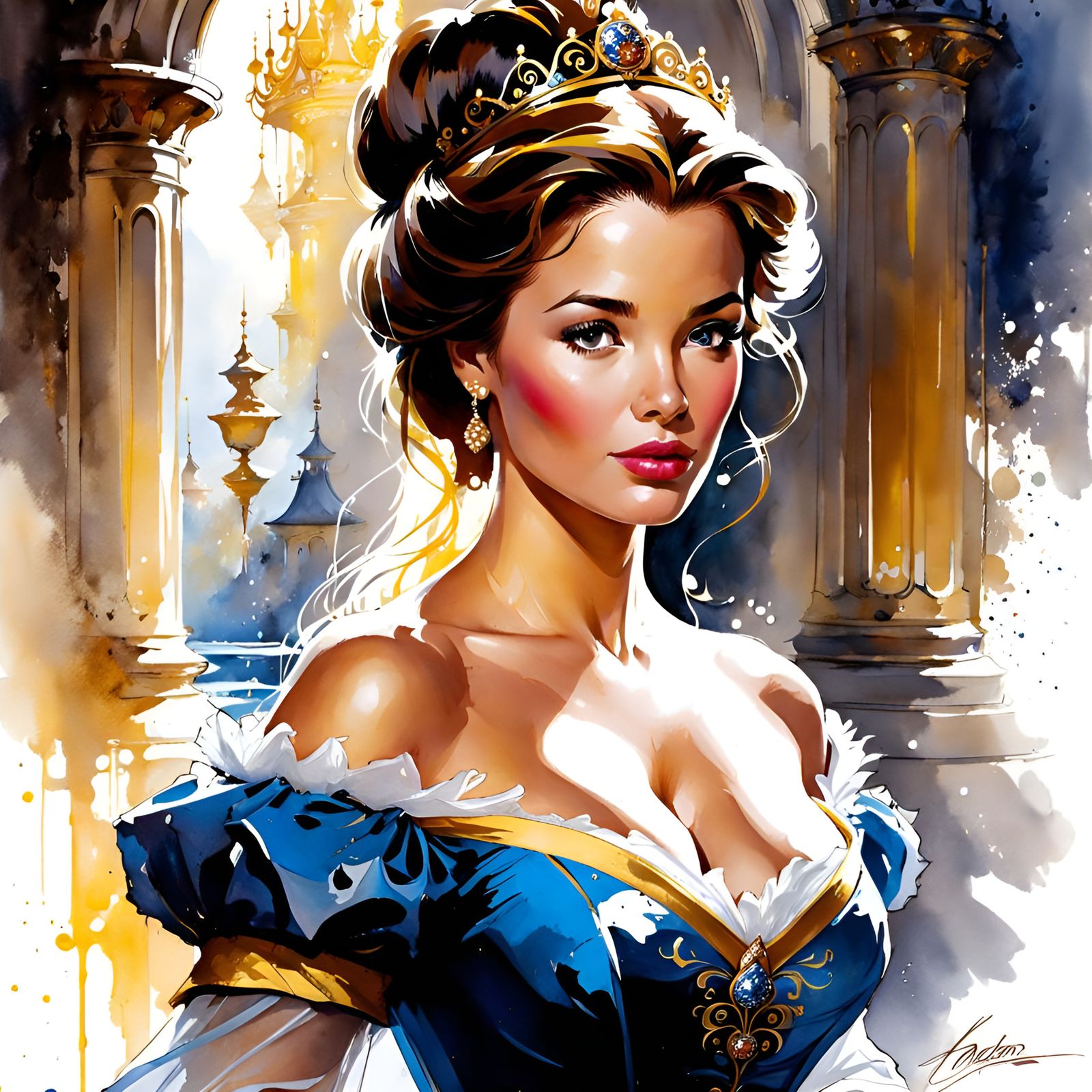 Princess Belle Ink Painting in Splash Art Style