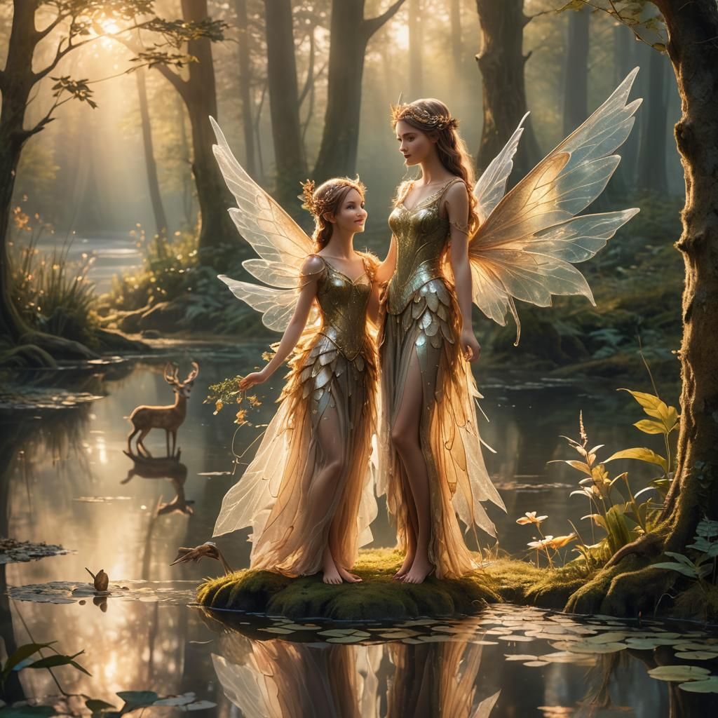 Fairy and Deer by Pond in Fantasy Art Style