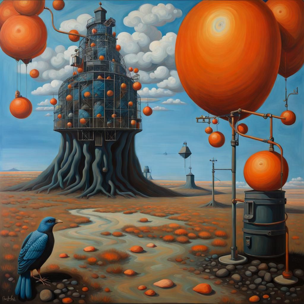 Surreal Oil Painting in Azure, Orange, and Black
