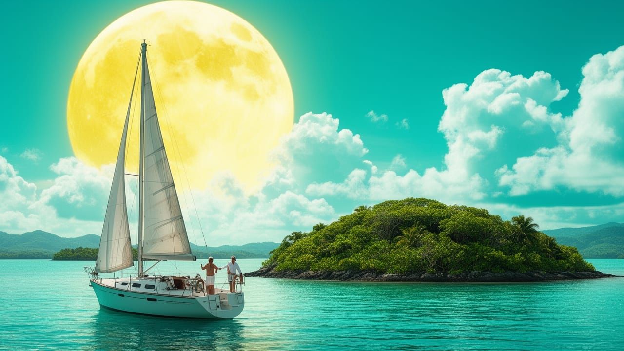 Sailboat and Islet Under Giant Moon