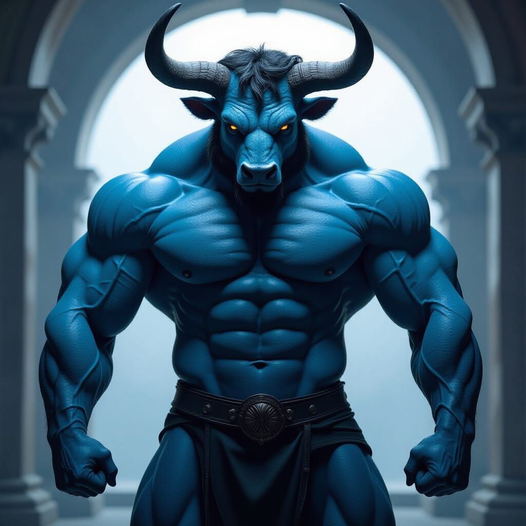 Muscular Blue Minotaur in Dramatic Chiaroscuro Lighting