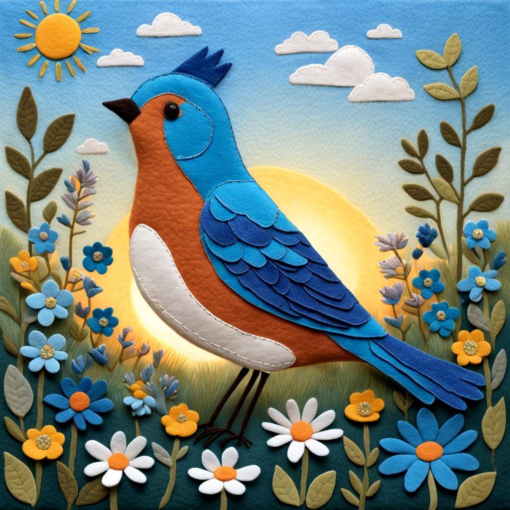 Vibrant Folk Art Bird Perched in a Spring Sunrise Meadow