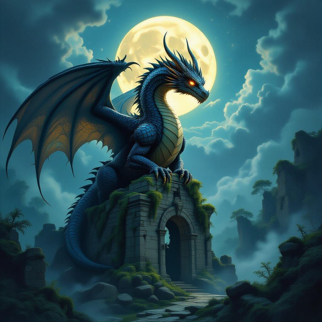 Ancient Obsidian Dragon on Mossy Ruins