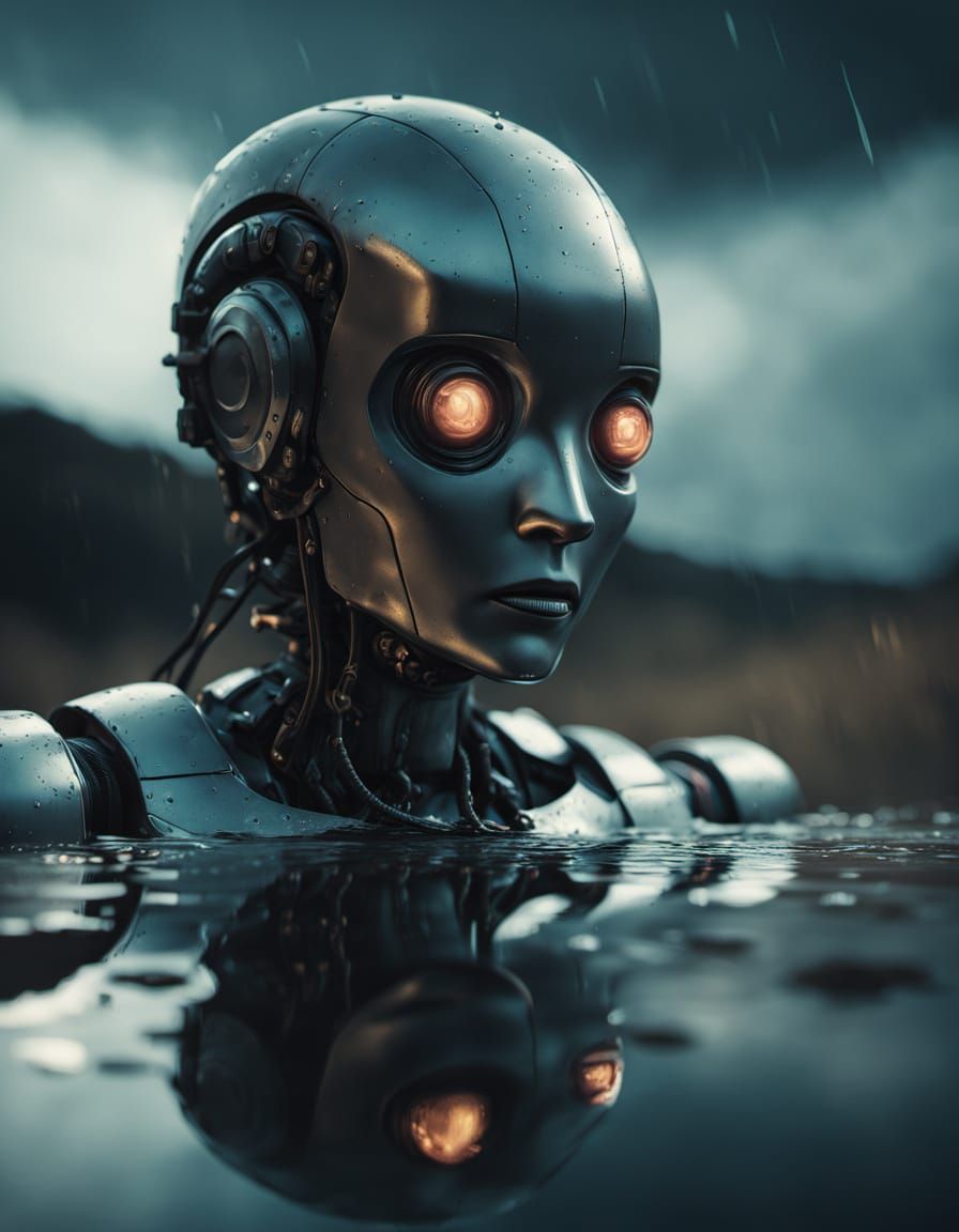 Melancholic Robot in Distorted Oil on Canvas Textures