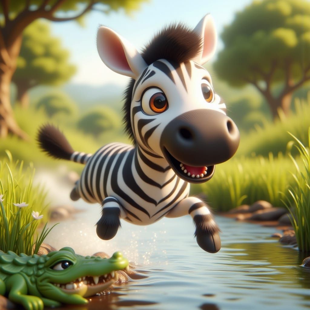 Zebra's Near Escape from Crocodile in 3D Cartoon Style