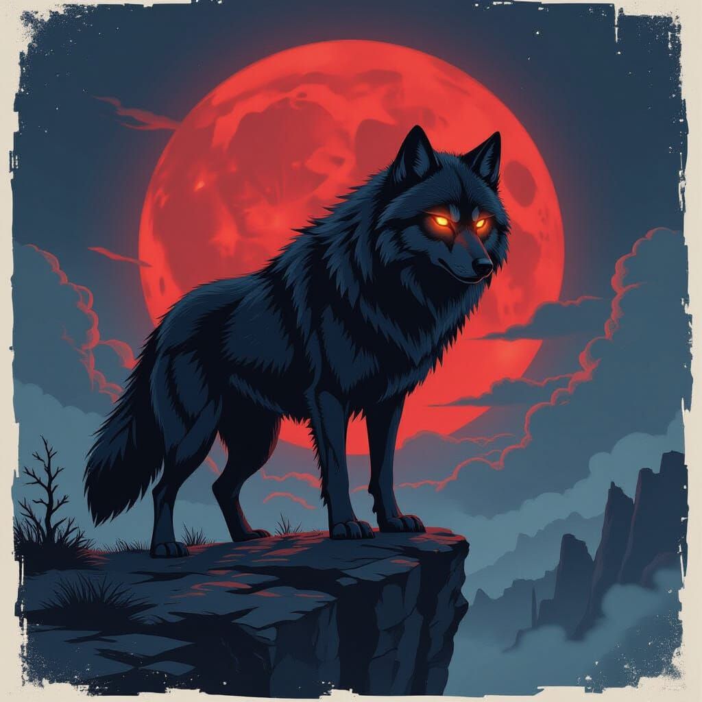Majestic Wolf on Precipice Under Blood Moon