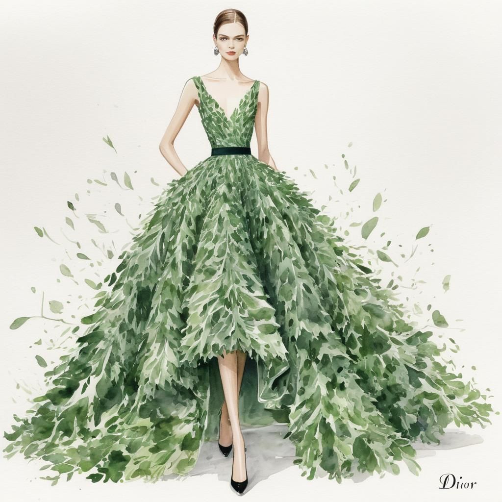 Art by Christian Dior, elegant dress made of leafy greens, m...