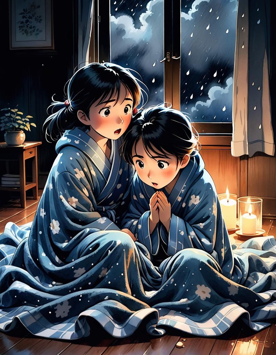 Children Sheltering From Storm in Ghibli Style