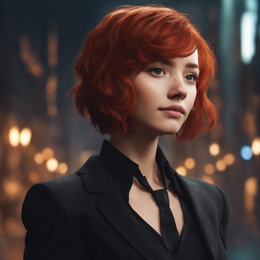 Red-Haired Woman in Black Suit: Detailed Matte Painting