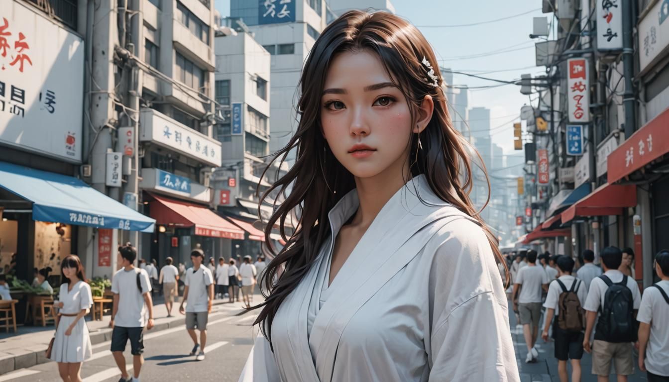 Young Woman in White on Future Street: 3D Anime Art