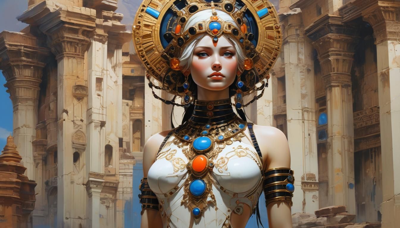 Marble Goddess with Gemstones in Oil Painting Style