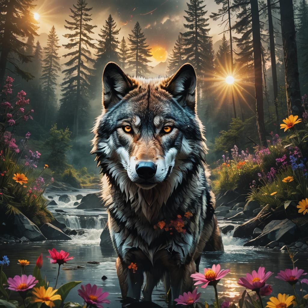 Wolf Face over Fantasy Forest in Double Exposure