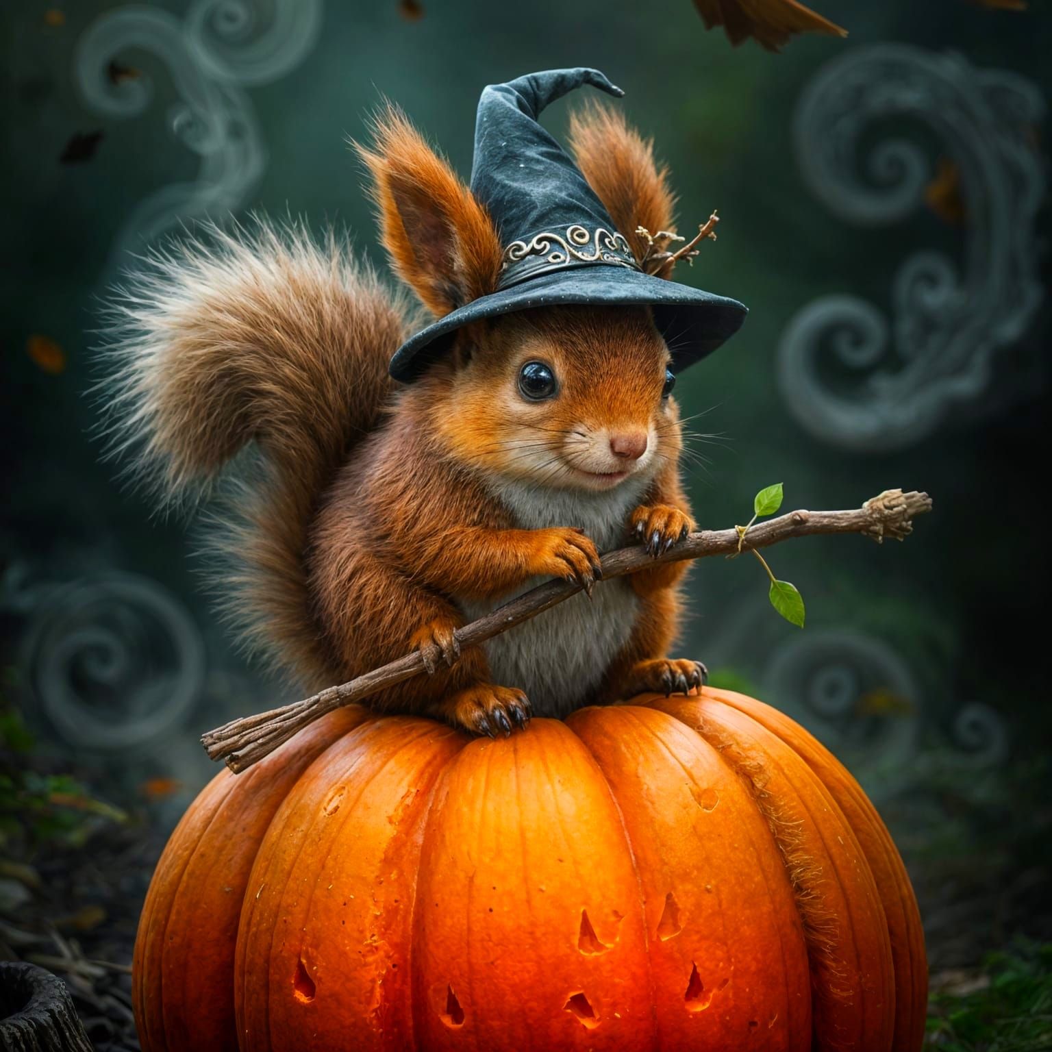 Squirrel Witch on Pumpkin in Misty Scene