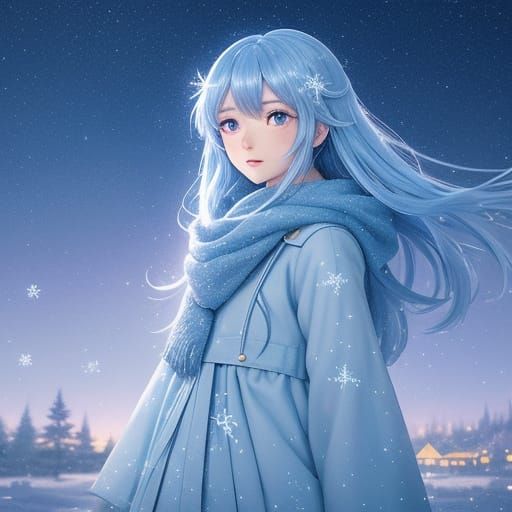 Anime Girl in Snowy Field under Starry Sky