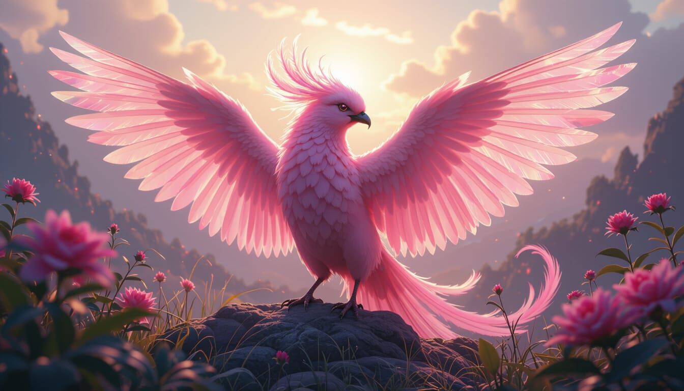 Pink Feathered Creature in Luminous Paradise