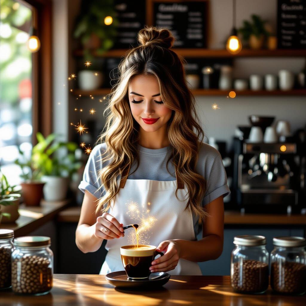Barista Brews Coffee with Magic in Sunlit Cafe