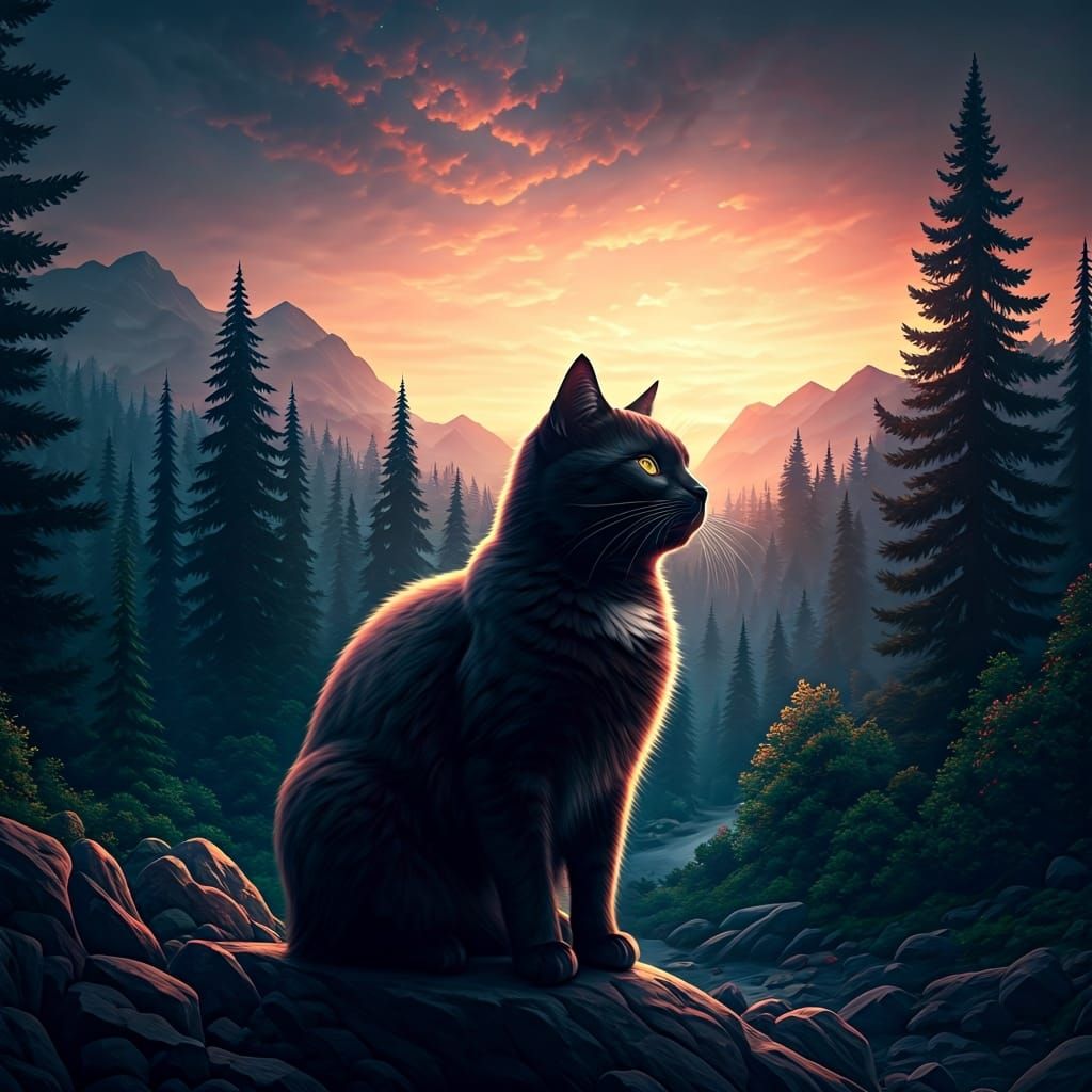 Black Cat Silhouette in Dreamy Landscape