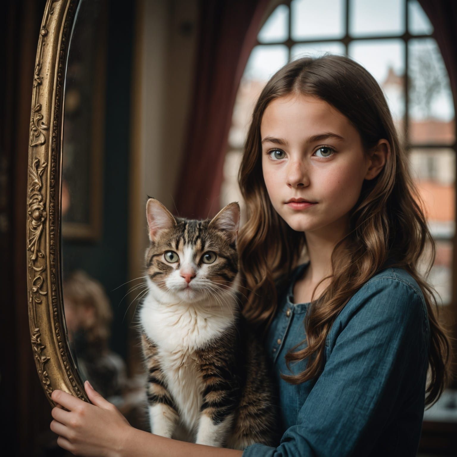 Magic Mirror Portrait of Girl with Cat