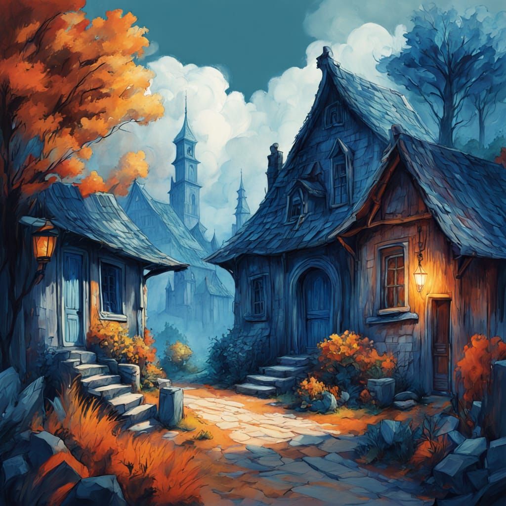 Summer Village: Ethereal Fantasy in Gouache Style