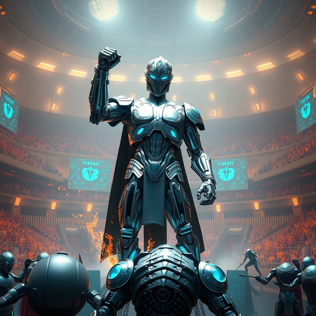 Robot Gladiator's Victory in Futuristic Arena