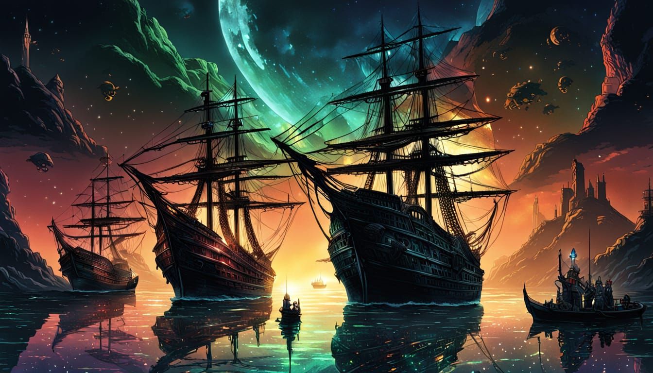 Dark Fantasy Harbor with Alien Pirate Ships