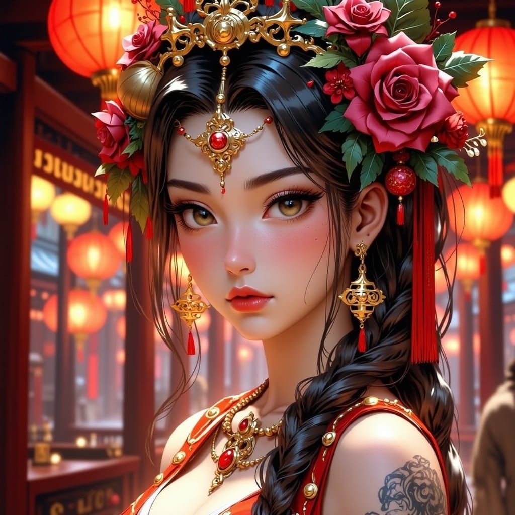 East Asian Portrait with Floral Headpiece