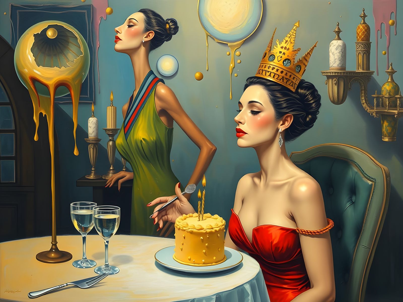 Surreal Birthday Celebration in Vibrant Oil Painting