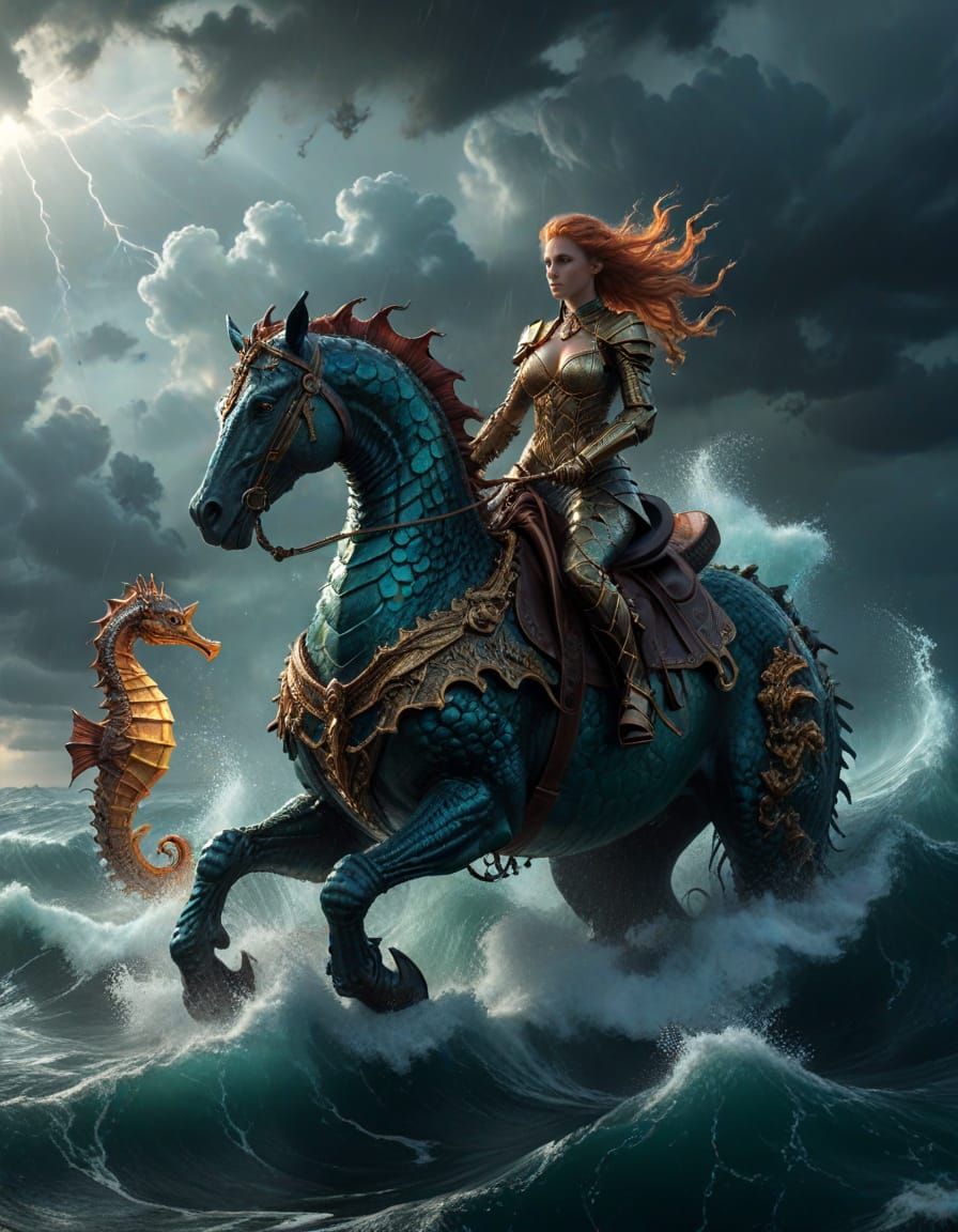 Mermaid Knight Battles Kraken in Stormy Sea