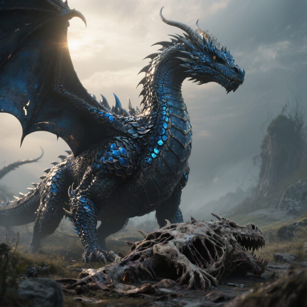 Photorealistic Dragon Beside Decaying Carcass