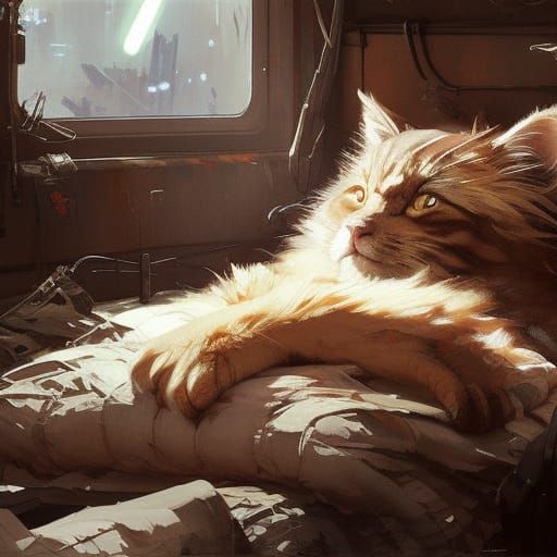 Detailed Brown Cat Watches Over Sleeping Man