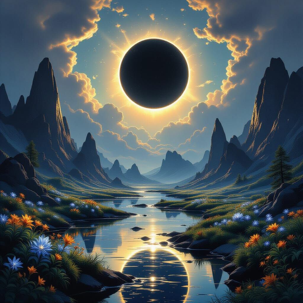 Alien Solar Eclipse with Bioluminescent Flora