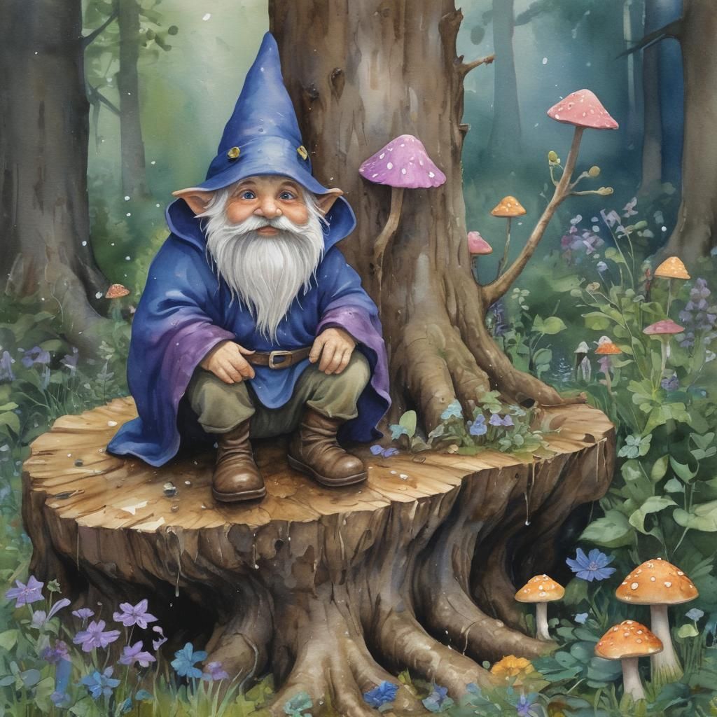 Whimsical Gnome in Magical Forest Watercolor