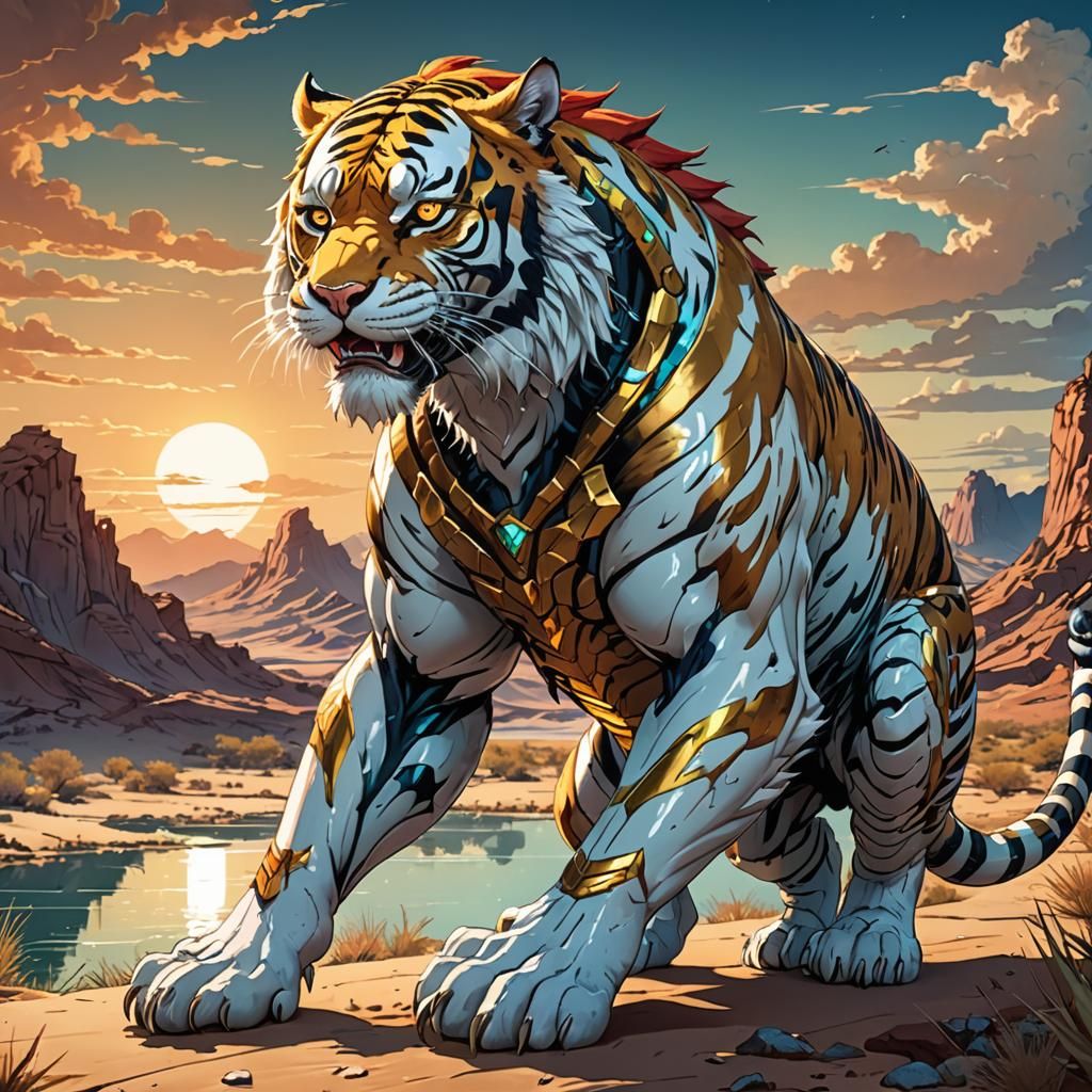 legendary cyber tiger slim, muscular, with golden red hair v...