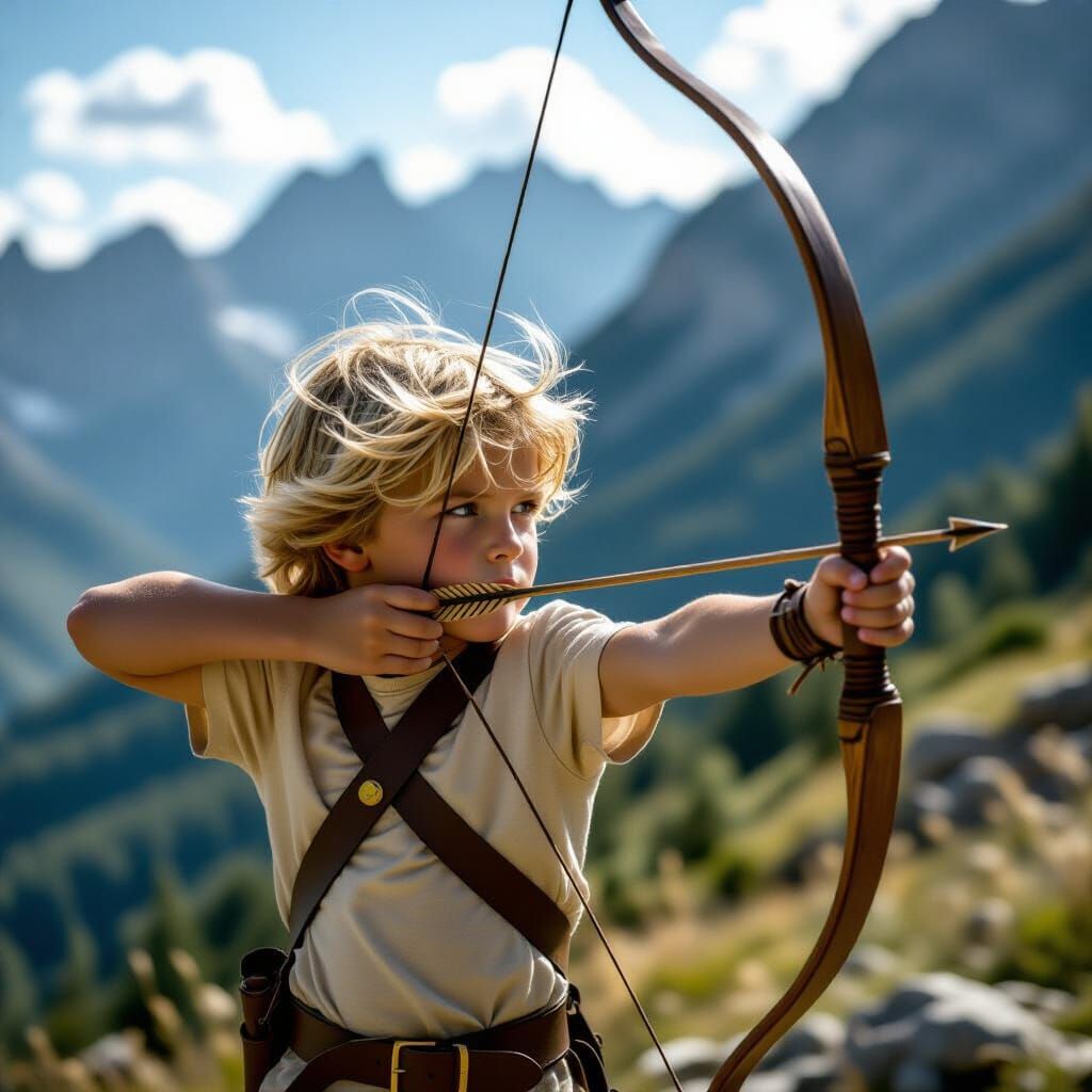 Boy Archer on Mountain in Cinematic Style