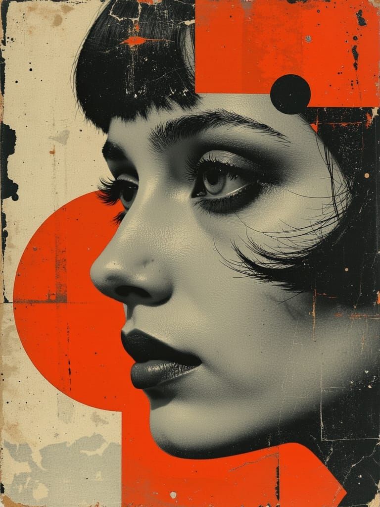 Ethereal Pop Surrealist Portrait of a Young Woman with Red H...